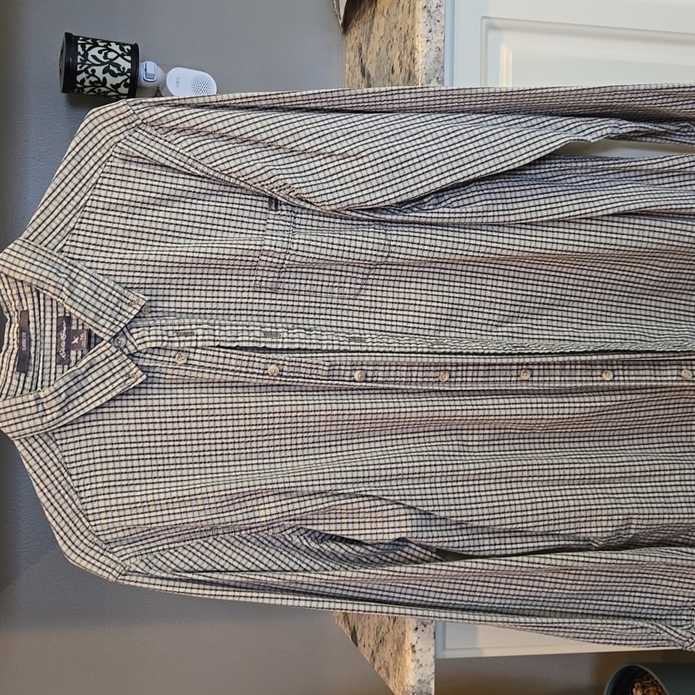 Eddie Bauer Men's Green and Blue Plaid Button-Down Shirt